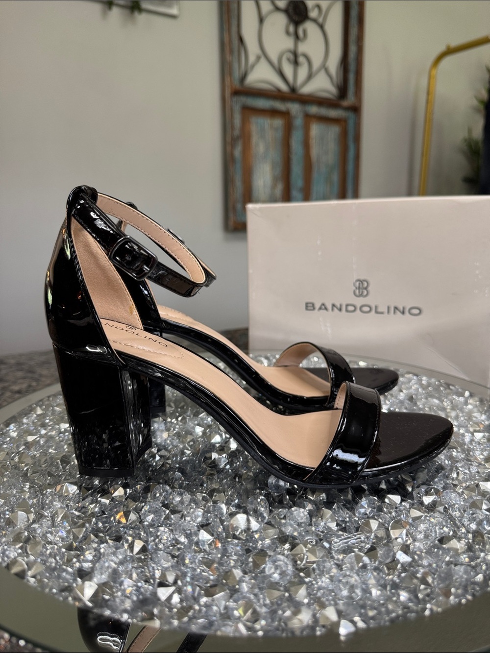 Bandolino Black Patent Block Heel Sandals with Ankle Strap